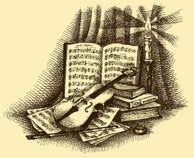 Vector vignette of a violin, books, candlestick and pages with n clipart