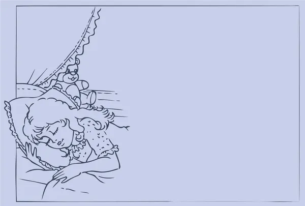 Векторная иллюстрация. Маленькая девочка спит в своей кроватке — стоковый вектор