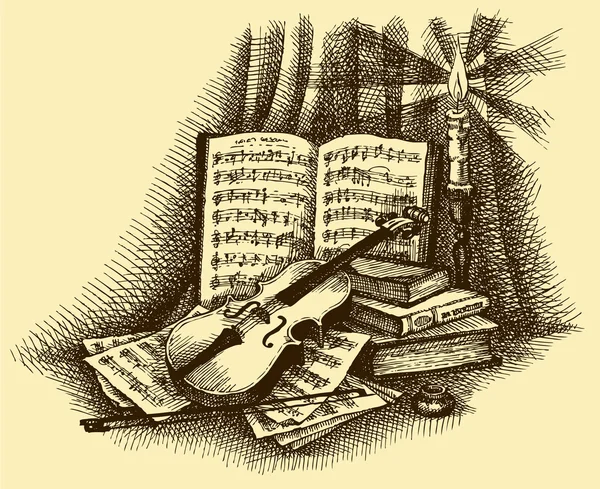 Bir keman, kitaplar, Şamdan ve n sayfalı vektör skeç — Stok Vektör