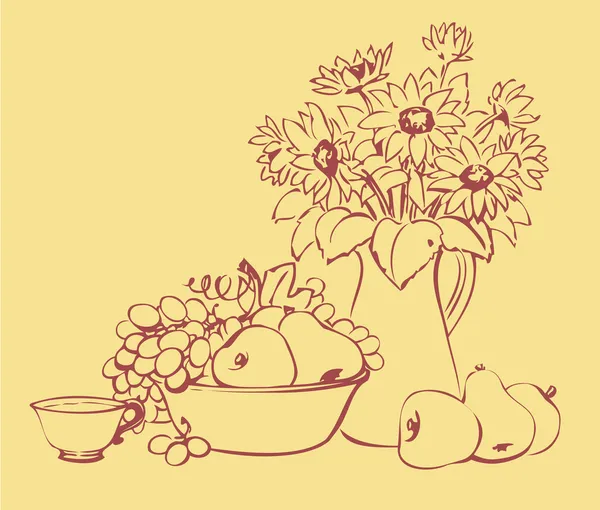 Vecteur nature morte de fruits et un vase avec un bouquet — Image vectorielle