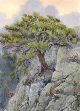 Watercolor landscapes. The tree in the mountains clipart