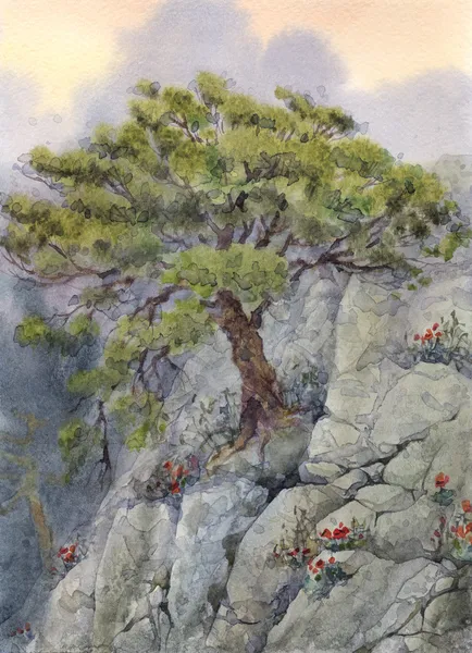 Aquarelllandschaften. der Baum in den Bergen — Stockfoto