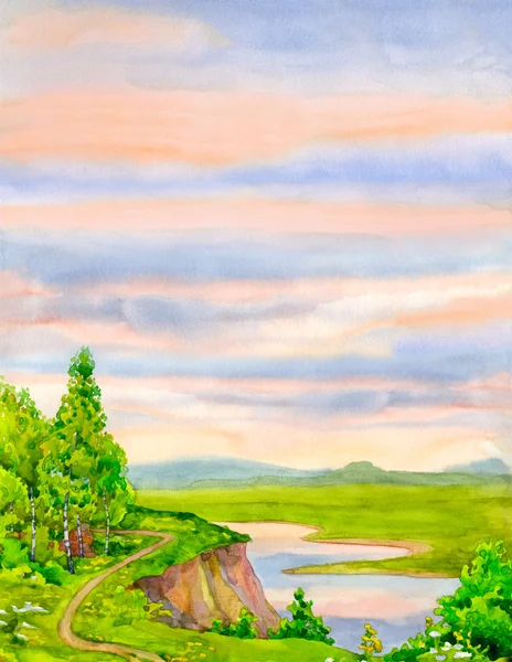 Akvarel zázemí s večerní krajina — Stock fotografie