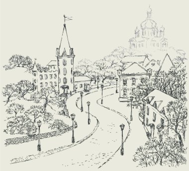 Vector Sketch of the city landscape of the old street clipart