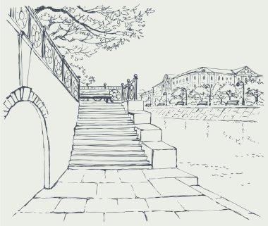 Vector cityscape. An old stone quay. Steps to the alley clipart