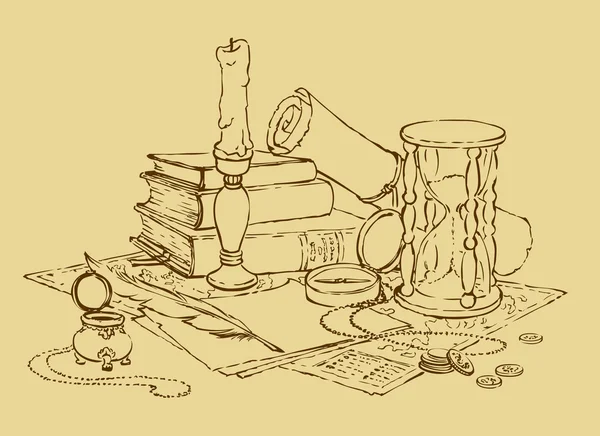 Векторный натюрморт компаса, песочные часы, книга, свеча и — стоковый вектор