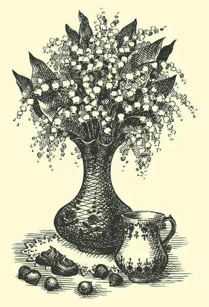 矢量百合花花瓶和一杯咖啡的生活依然 — 图库矢量图片