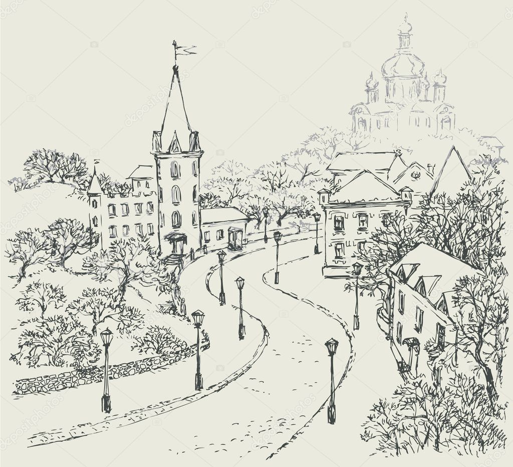 Vector Sketch of the city landscape of the old street