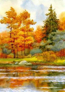 Autumnal forest on the lake clipart