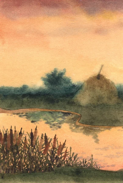 Watercolor landscape. Stock of hay on the lake — Stock Photo, Image