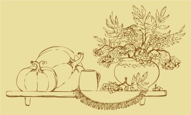 Vector still life of pumpkins and fruit bunch ash clipart