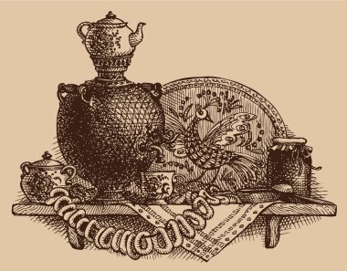 Vector Sketch a still life with samovar, bagels and jam clipart