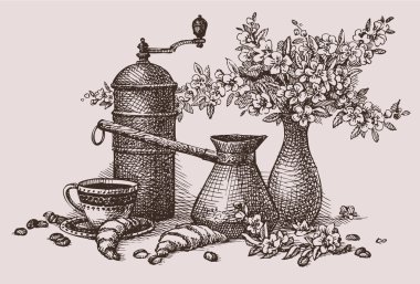 Vector still life. Turk, coffee grinder and coffee clipart