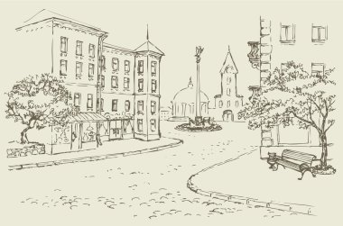 Vector architectural landscape. Old street of the city center clipart