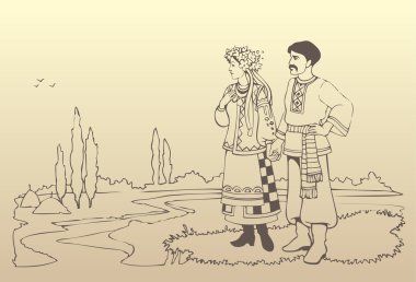 Vector ukrainian couple in national costumes clipart