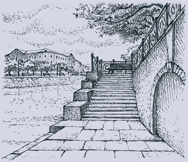 Paesaggio urbano vettoriale. Motivo architettonico della vecchia banchina in pietra — Vettoriale Stock