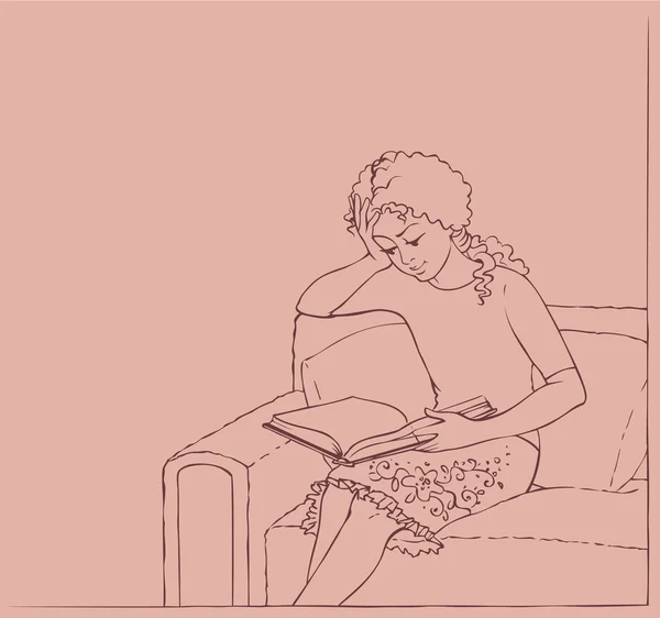 Vektorillustration. Mädchen im Stuhl liest ein Buch — Stockvektor