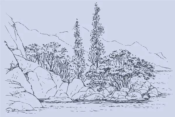 Paysage vectoriel. Arbres sur la plage de rochers — Image vectorielle