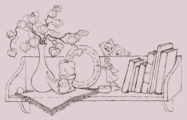 Векторный натюрморт полки с книгами и сувенирами — стоковый вектор