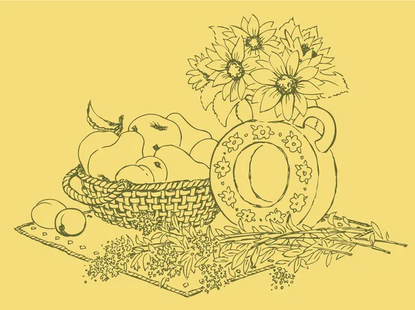 Florero bodegón vectorial con flores fragantes y fruta en un festín — Vector de stock