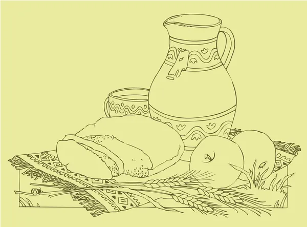 Nature morte vectorielle des pommes, du pain et du lait — Image vectorielle