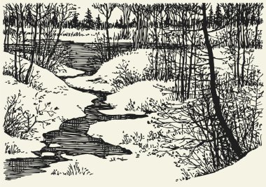 Vector landscape. Winter creek in the forest clipart