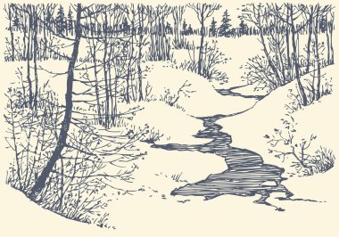 Vector landscape. Winter creek in the forest clipart