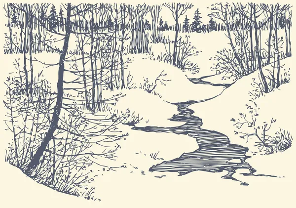 Vektor krajina. zimní potok v lese — Stockový vektor