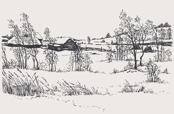 Векторный зимний пейзаж. Холодный ветер над деревней — стоковый вектор