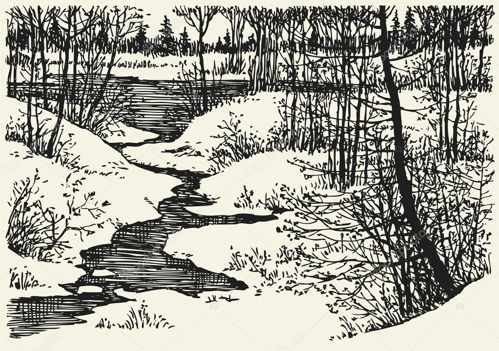 Vector landscape. Winter creek in the forest