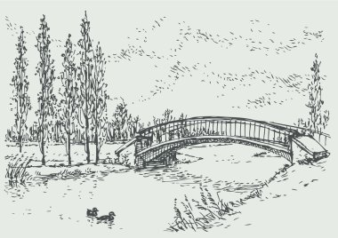 Vector landscape of bridge over the river and poplars clipart