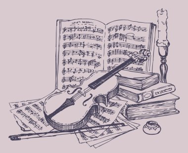 Vector still life. Violin with books, notes and candlestick clipart