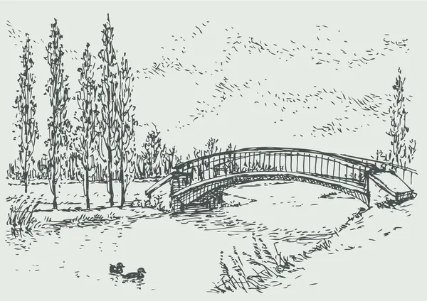 Paesaggio vettoriale di ponte sul fiume e pioppi — Vettoriale Stock