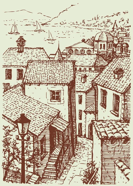 Векторний пейзаж міста. Стара вузька вулиця, що спускається до моря — стоковий вектор