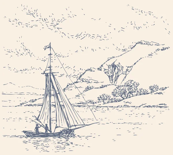 Paisaje vectorial. Barco cerca de la costa — Archivo Imágenes Vectoriales