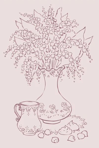 Vektor Stilleben med vas med liljor och en kopp kaffe — Stock vektor