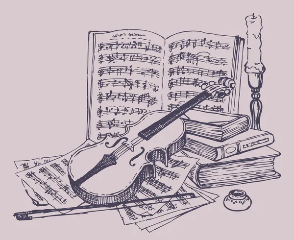 Векторный натюрморт. Скрипка с книгами, записками и подсвечниками — стоковый вектор