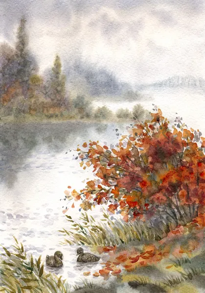 Paisagem aquarela. Esboço do lago de outono — Fotografia de Stock