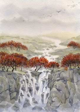 Watercolor landscape. Mountain stream flows through the autumn f clipart