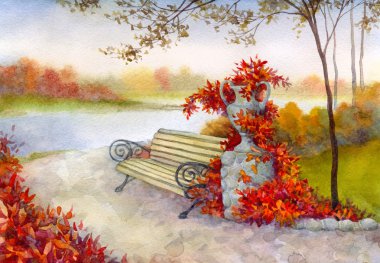 Decorative bench in autumn park clipart