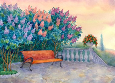 Bench under a flowering lilac clipart