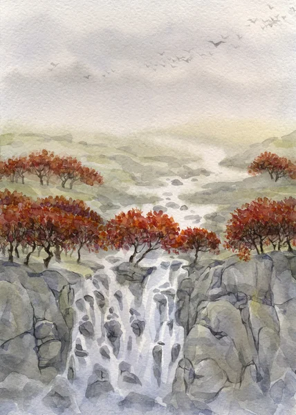 水彩風景。秋の f を通して流れる渓流のせせらぎ — ストック写真