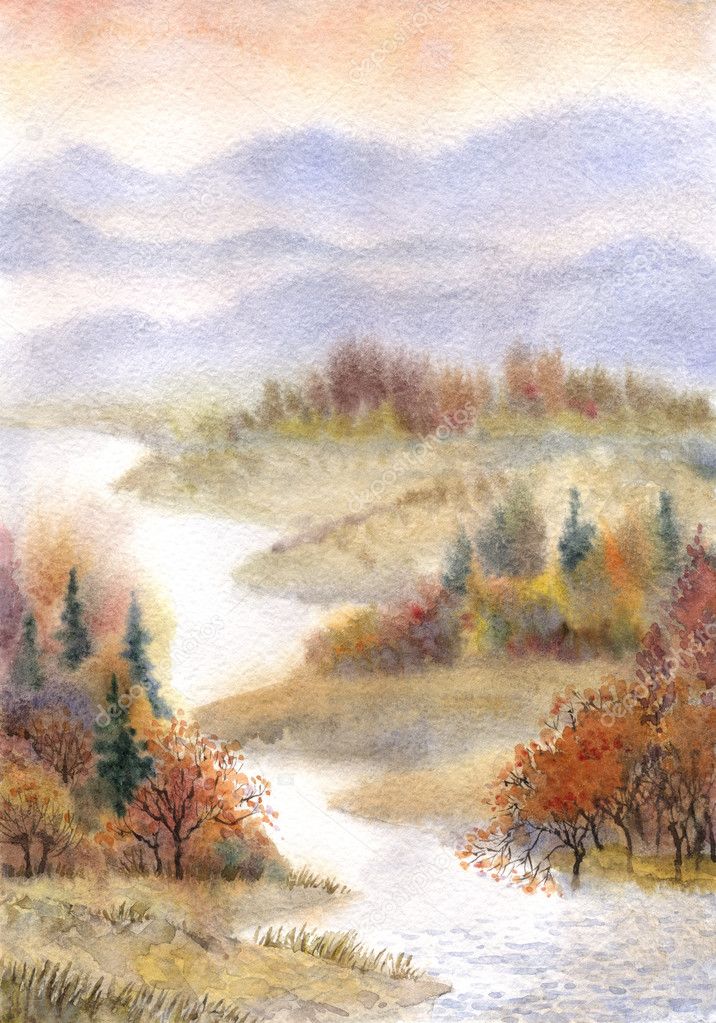 Watercolor landscape. River in the autumn forest