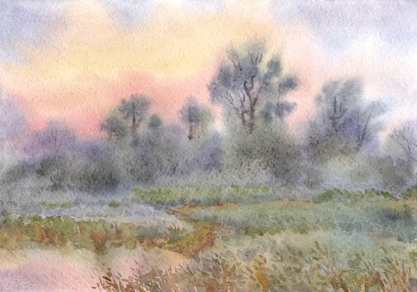 Watercolor landscape. Sunrise over the woods and meadows around — Stock Photo, Image