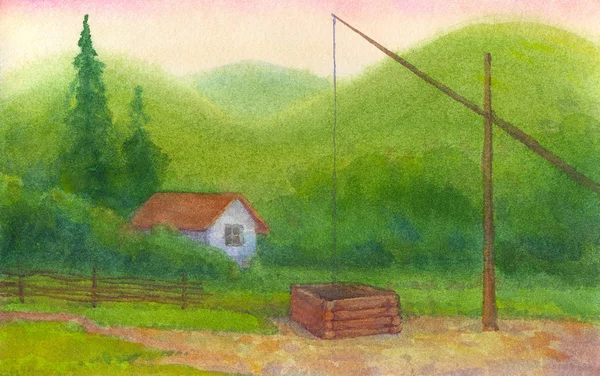 Alter Brunnen in der Nähe einer einsamen Hütte in den Bergen — Stockfoto