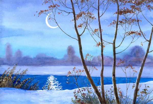 Półksiężyc nad rzeką zima — Zdjęcie stockowe