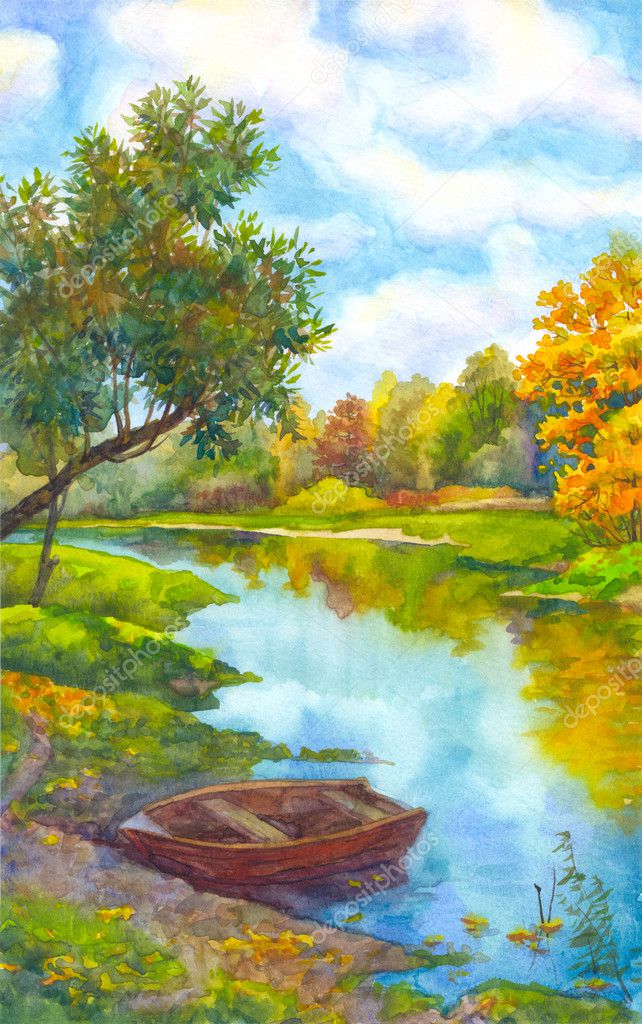 Watercolor landscape. Boat near the shore of a river