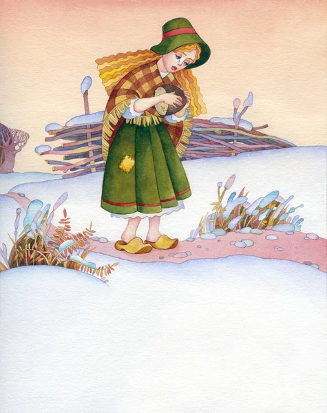 Ilustração aquarela. Pobre menina está na trilha de inverno — Fotografia de Stock