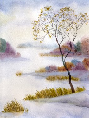 Snow-covered lake in the mist clipart