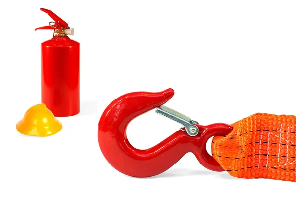 Corda, extintor de incêndio e capacete — Fotografia de Stock